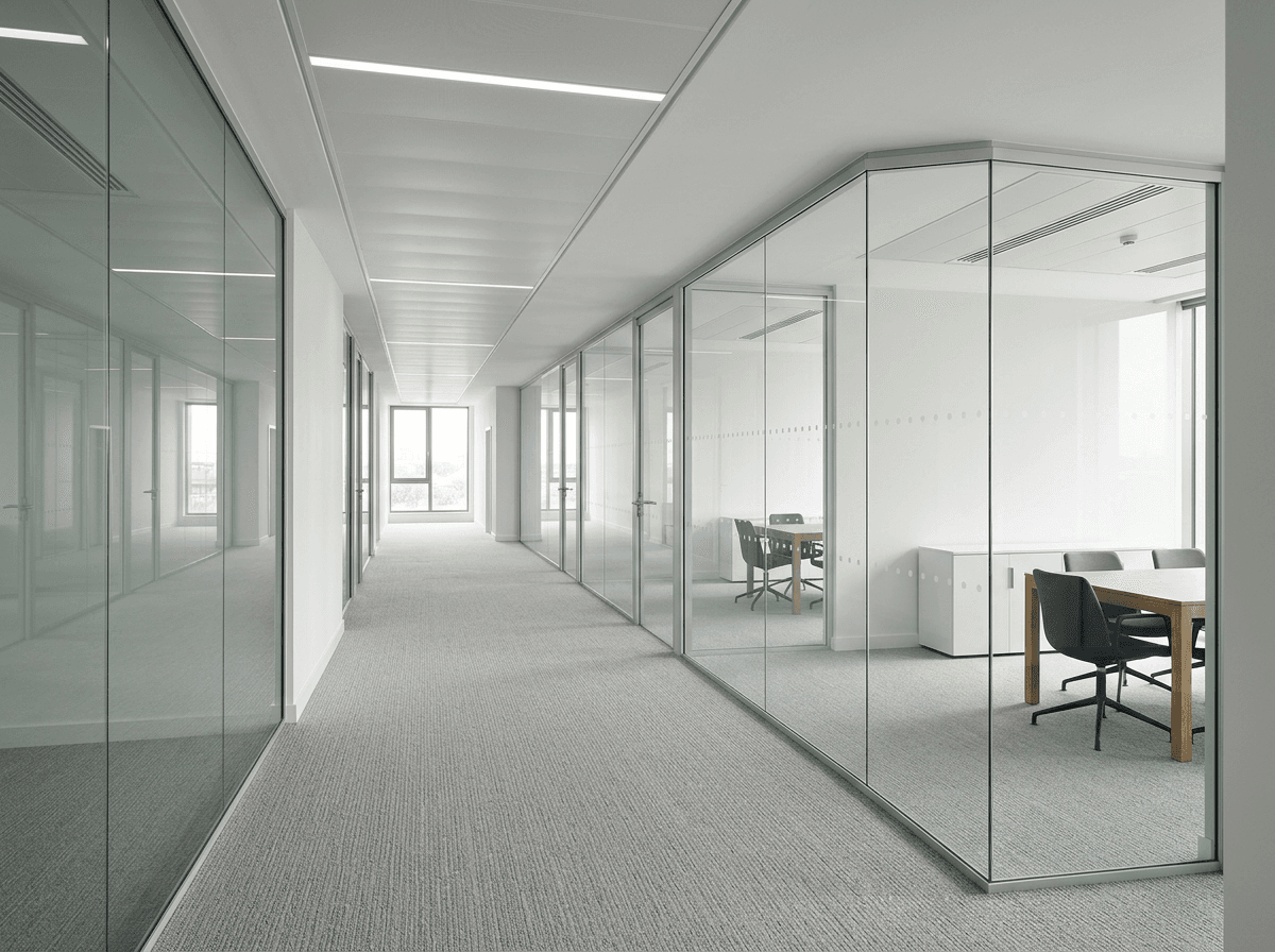 Corridor lined with frameless glass partitions and glazed meeting rooms