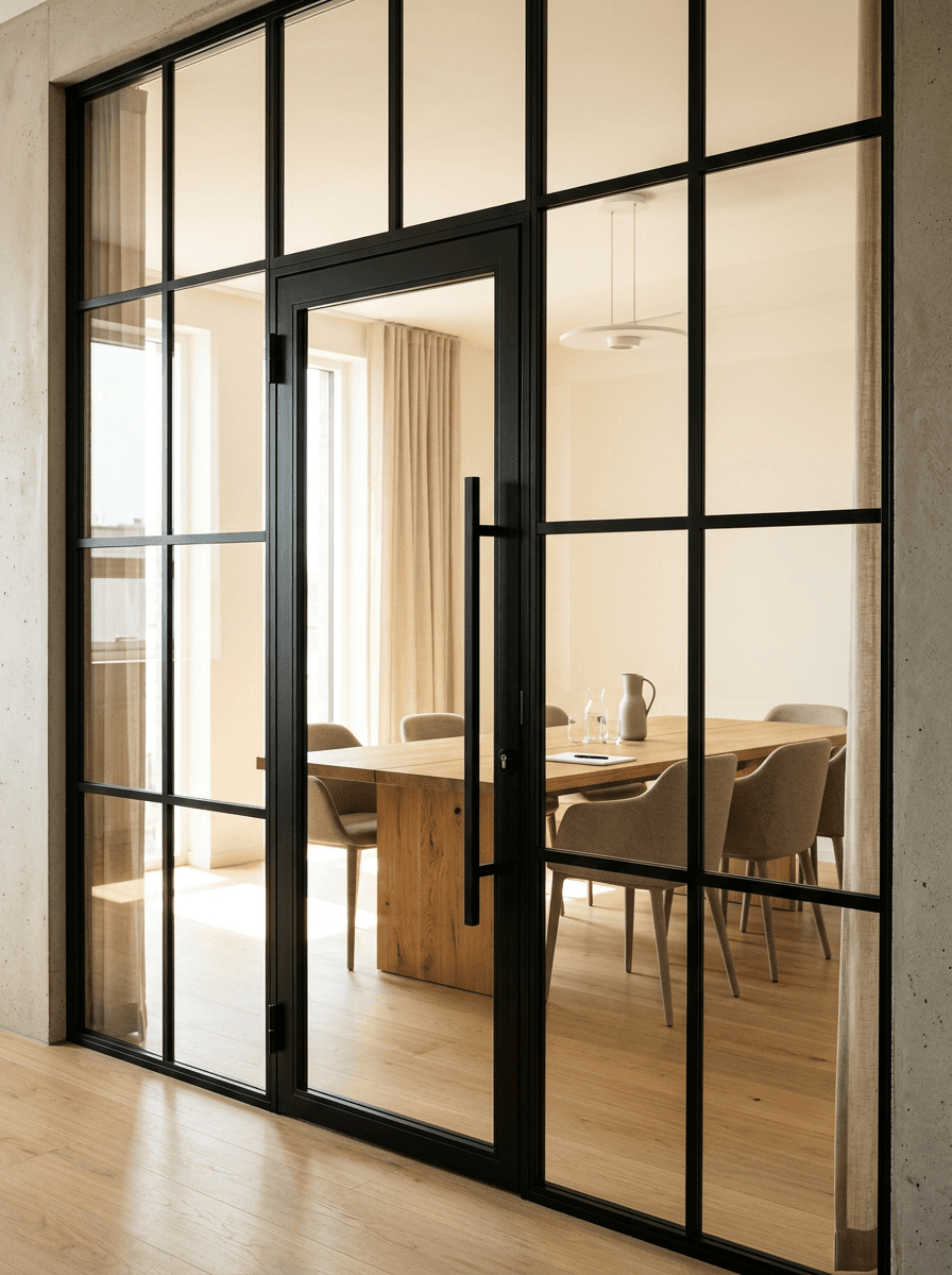 Black-framed hinged glass door with a slim vertical pull handle leading into a meeting room